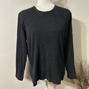 Vtg Faded Glory Woman Black Thermal Waffle Knit Long Sleeve Top Velvet Trim XL